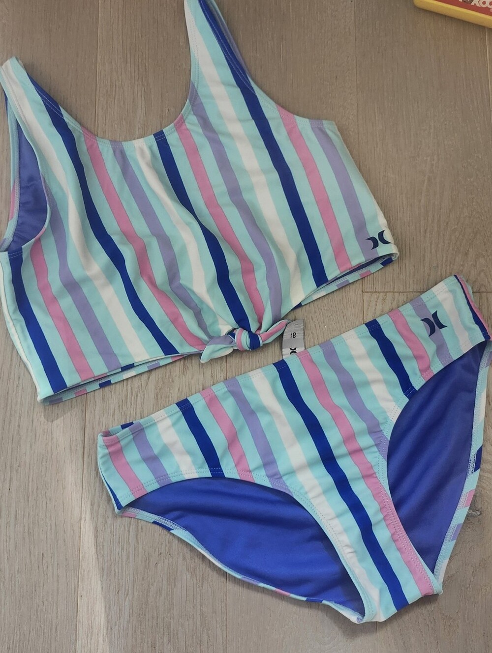 Hurley Striped 2 Pc Bikini Size 16 Blue Pink Purple